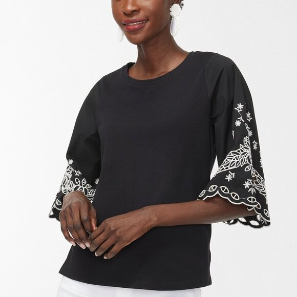 Chico's Embellished Eyelet Sleeve Tee, size M, black - Picture 1 of 9